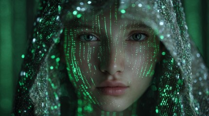 Woman with glowing green pattern on face and hooded in glittering shawl