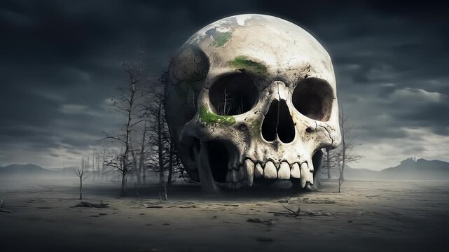 Eerie Skull in a Barren Landscape - A Dark and Atmospheric Scene.