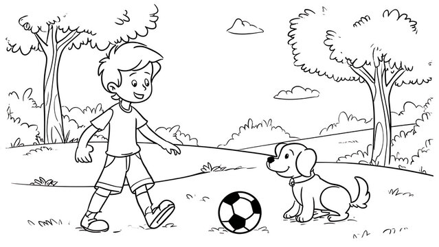 boy playing soccer ball with dog in the park simple cartoon Coloring Page for kids