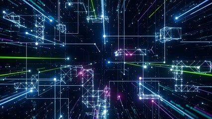 Abstract digital fractal realm with glowing geometric patterns and flowing energy in a virtual space background