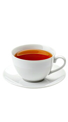 White teacup filled with amber tea, sits on a matching saucer