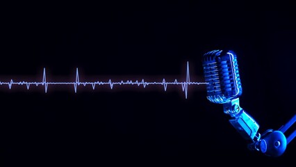 Studio microphone glowing blue with a dynamic sound wave on a black background, symbolizing podcast...