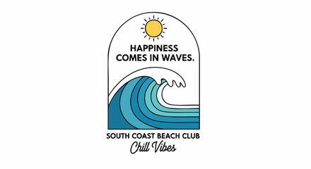 Fototapeta premium Surfer's Paradise: Illustration with a large wave, sun, and inspirational quote about happiness.