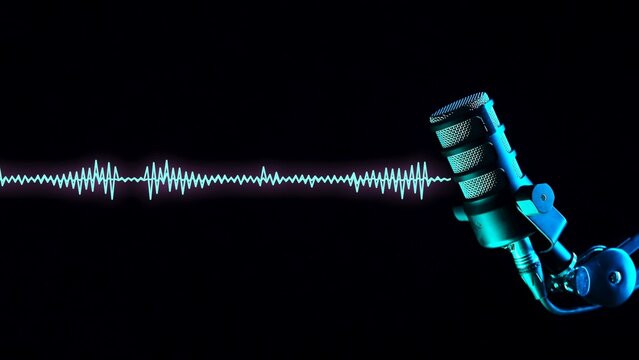 Studio microphone glowing blue with a dynamic sound wave on a black background, symbolizing podcast recording and modern digital sound technology.