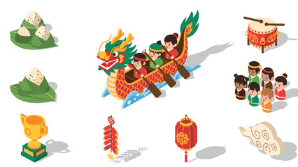 Colorful isometric dragon boat festival elements with kids and traditional symbols