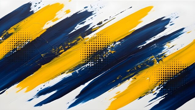 Pinceladas abstractas en azul marino y amarillo sobre un fondo blanco, con un dise&ntilde;o vectorial en estilo de semitono y un tema de f&uacute;tbol.