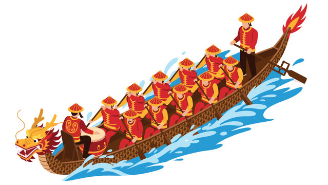Traditional dragon boat with rowers and drummer in motion on water