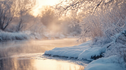 River flowing through snow and frost covered winter landscape.
