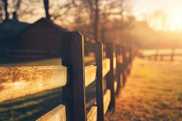 Wooden fence in a rural landscape. Misty autumn morning at sunrise. Defocused photo, bokeh background.