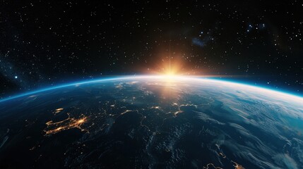 Obraz premium Planet Earth from space at night with city lights and sunrise over the horizon, cinematic view