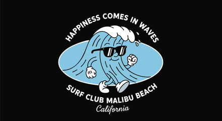 Obraz premium Vintage Cartoon Surf Wave Character in Sunglasses for Beach Lifestyle and Surfing Apparel Designs.