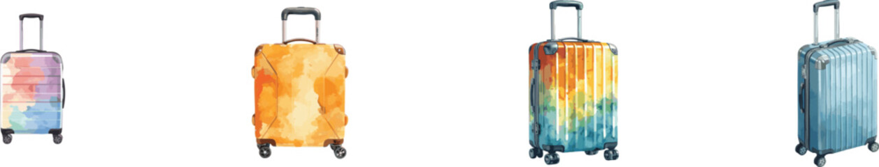 Watercolor set of travel suitcase with wheels and handle. Isolated on white background