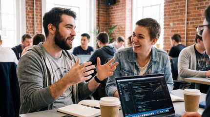 Casual brainstorming session with two colleagues smiling and discussing ideas over coffee in open office while laptop displays code and team members collaborate in background