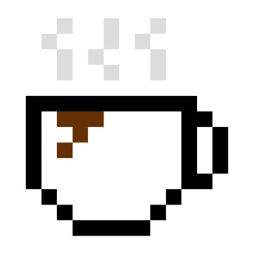 Logo aislado cafeter&iacute;a. Taza de caf&eacute; con humo estilo arcade con pixels