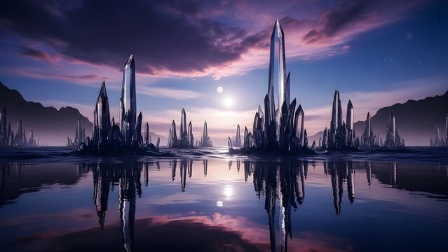 Un papel pintado con un paisaje surrealista en tonos morados que resulta a la vez on&iacute;rico y surrealista