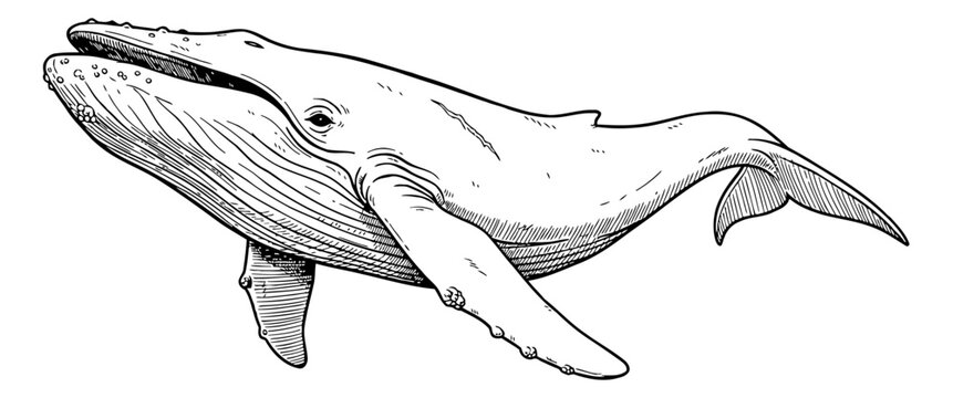 Humpback Whale Hand Drawn Vector Illustration in Engraving Style, Isolated on White