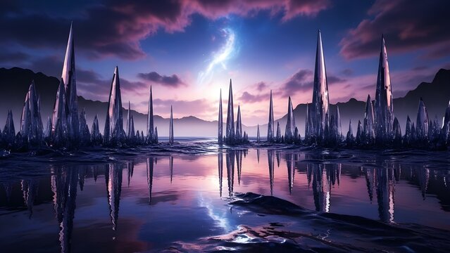 Un papel pintado con un paisaje surrealista en tonos morados que resulta a la vez on&iacute;rico y surrealista