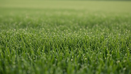 Fototapeta premium Close-up view of lush green grass with dew drops in a serene landscape