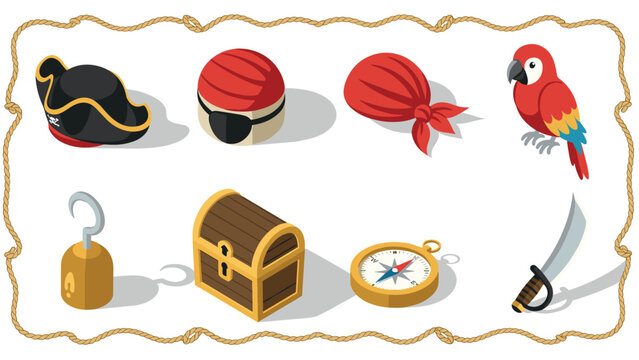 Isometric pirate icons set: hat, parrot, treasure chest, and more