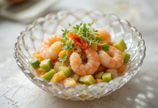 Un delicado plato de ceviche de camarones con mariscos marinados en c&iacute;tricos, cubos de aguacate y micro vegetales servido en un plato de vidrio hecho a mano