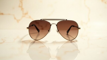 Un par de gafas de sol de aviador clásicas que reflejan una luz suave, colocadas sobre un fondo de mármol liso y pálido