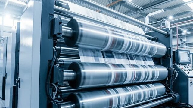 Industrial printing press in operation, paper rolls spinning, modern manufacturing