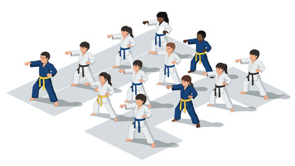 Isometric martial arts class: diverse group practicing karate in uniforms