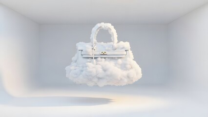 Cloud handbag floating in white room surreal artistic concept