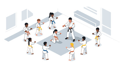Isometric karate class training with diverse group practicing martial arts in studio setting