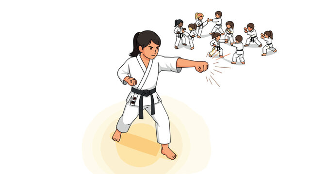 Karate kid leading a class of young martial artists practicing katas in a dynamic white dojo setting