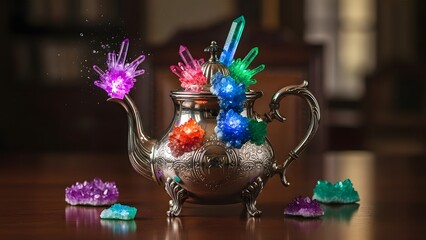 Decorative teapot with colorful crystals displaying fantasy and artistic concepts
