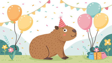 Obraz premium Capybara celebrates a joyful birthday with colorful balloons and gifts