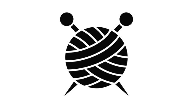 Classic black and white icon featuring a ball of yarn with two knitting needles Vector