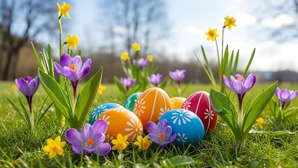 Colorful Easter eggs and flowers in green grass purple crocuses Happy Easter