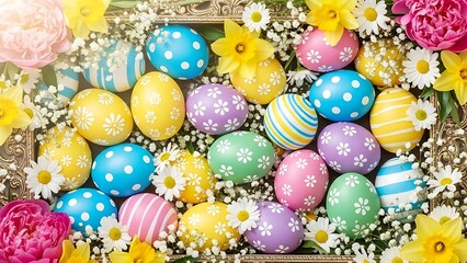 Colorful Easter eggs and flowers in gold frame colorful eggs Happy Easter