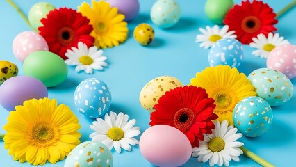Colorful Easter eggs and flowers on blue background Happy Easter