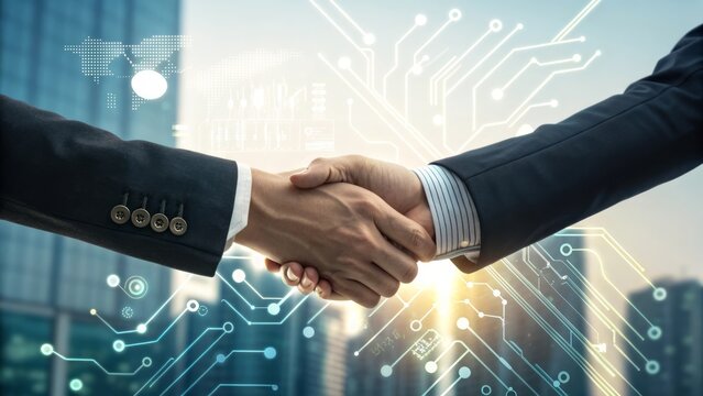 Business Agreement and Partnership Concept with Digital Technology Background
