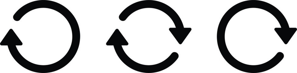 Circular arrow icons set representing refresh reload update synchronization rotation cycle process minimal black vector illustration