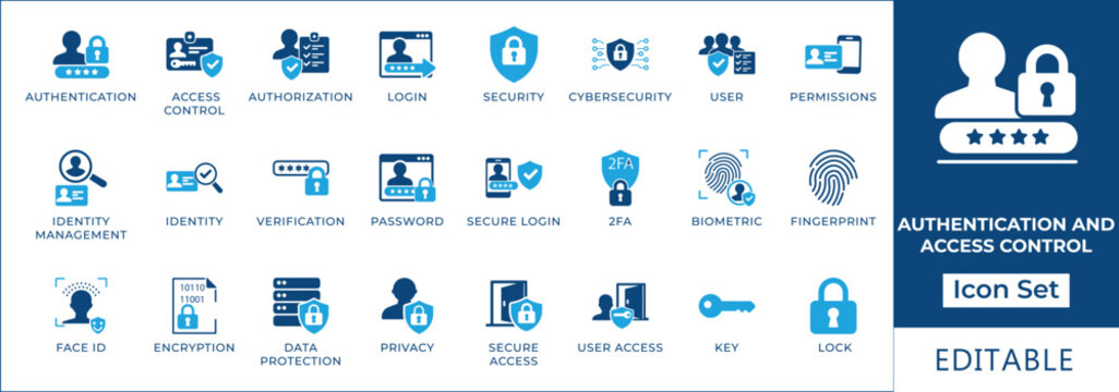 Authentication and access control icon set featuring biometric login, face ID, fingerprint scan, two-factor authentication, secure password, encryption, and identity management symbols.