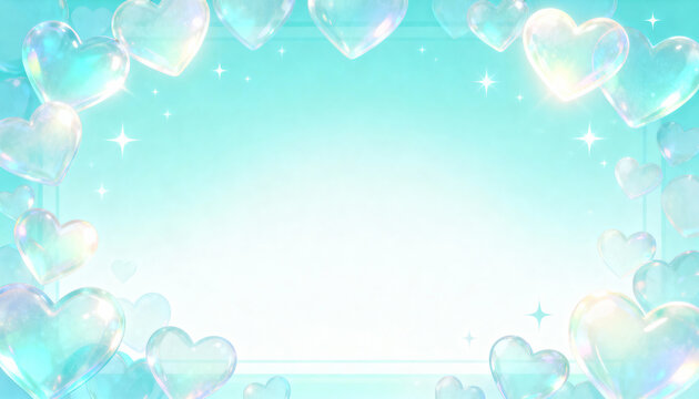 A refreshing and pure frame featuring sparkling mint-colored bubble hearts under warm sunlight against a clear sky