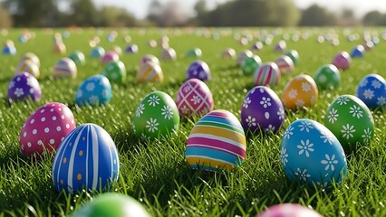 Colorful Easter eggs in green grass field colorful eggs Happy Easter