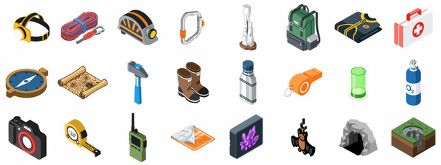 Isometric Caving and Speleology Equipment Icon Set, featuring exploration tools, survival gear, headlamps, rope, compass, and crystals on white background. © Sabiqul