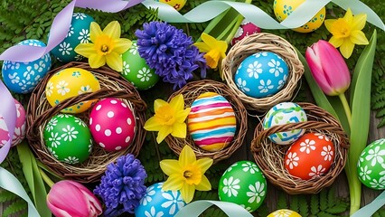 Colorful Easter eggs in nests with flowers and ribbons Happy Easter