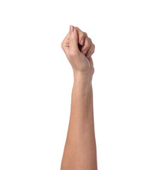 Woman showing fist on white background, closeup