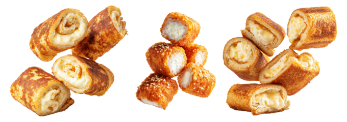 Set of New Zealand crispy cheese rolls isolated on white transparent background, delicious snack or appetizer concept