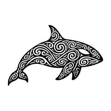 Silueta de orca (ballena asesina) con decoraci&oacute;n de tatuajes tribales maor&iacute;es
