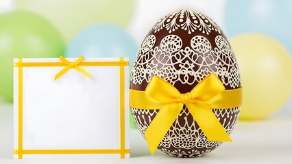 Decorated chocolate Easter egg with yellow ribbon and frame Happy Easter