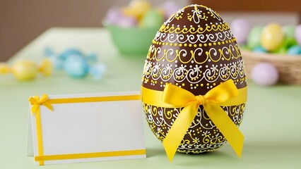 Decorated Easter egg with yellow ribbon and card Easter decorations Happy Easter