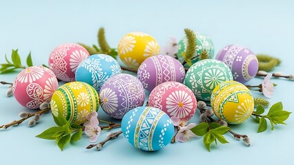 Decorated Easter eggs with flowers and leaves decorated eggs Happy Easter