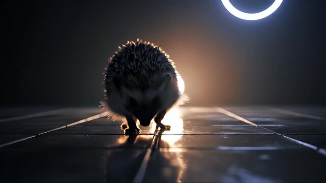 A captivating silhouette of a hedgehog under a bright neon light.